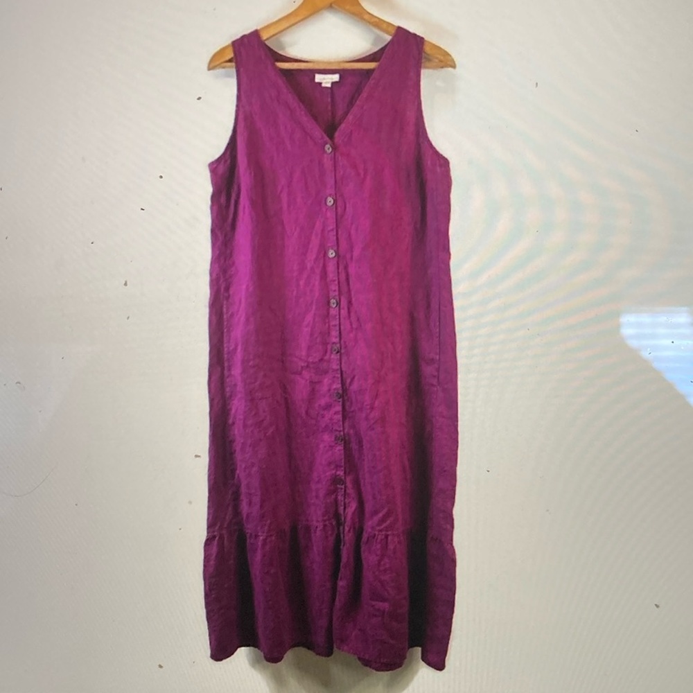 J. Jill Womens Linen Maxi Dress Size Large Purple Button Front Ruffle Hem Pocket